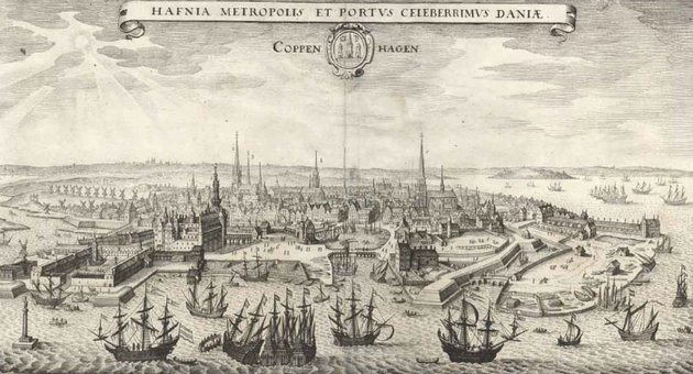 København år 1611. Grafik: Københavns Stadsarkiv Gammelt illustration af over København år 1611, set fra havnen