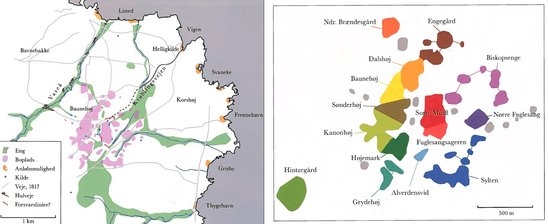 Kulturlandskabet fra ældre og yngre jernalder ved Sorte Muld på Bornholm omfatter bopladser, gravpladser, naturhavne, helligkilde, vandløb, hulveje m.m. Efter Lund Hansen, Nielsen og Watt 2008 og Watt 2008.
